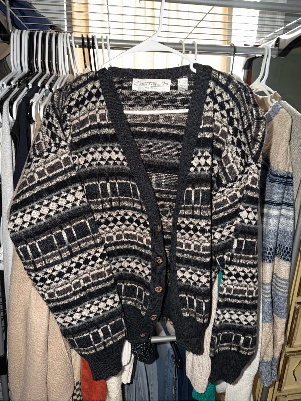 Vintage John Ashford Black and Cream Geometric Men's Cardigan